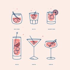 the different types of cocktails are shown in blue and pink colors on a light background