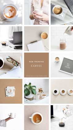 a collage of coffee images with the words now trending in white and brown