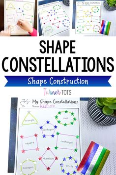 the shape and construction worksheet is shown with text that reads shape constellations