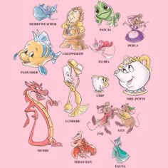 various disney characters are depicted on a pink background with the names of their favorite characters