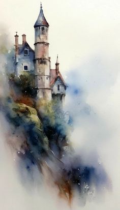 a painting of a castle on top of a hill in the sky with clouds around it