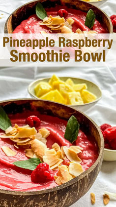 two bowls filled with raspberry smoothie bowl