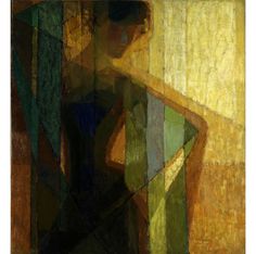 an abstract painting of a woman in yellow and green colors with her back turned to the camera