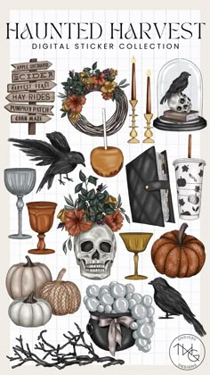 a poster with different items on it and the words,'halloween harvest digital sticker collection '