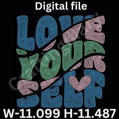 digital file with the words i love you in blue, green and pink diamonds on black