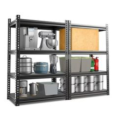 an industrial shelving unit with various items on it