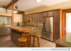 a kitchen with an island and two stools