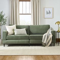 a living room scene with focus on the green couch and throw pillows, along with an area rug