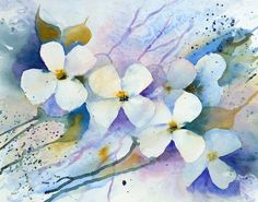 watercolor painting of white flowers on blue background