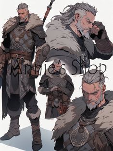 several different poses of the same character, including two men with white hair and beards