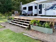 an rv is parked on the side of a road with plants growing out of it