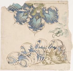 an old piece of paper with blue and green designs on it's edges,