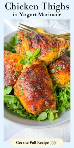 chicken thighs in yogurt marinade on a white plate