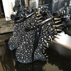 Rare Rare Rare Brand New Never Warn. Chinese Laundry Spike Sparkle Wedges. In Perfect Condition. Black Luxury Boots With Silver Studs, Luxury Black Boots With Silver Studs, Black Party Boots With Silver Accents, Luxury Black Boots With Rhinestones, Black Round Toe Heels With Rhinestone Rivets, Weird Shoes, Crazy Heels, Punk Shoes, Chinese Laundry Shoes