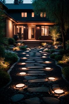 a walkway lit up with lights in front of a house