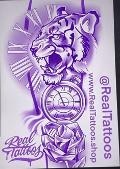 a purple tiger tattoo design on a white paper