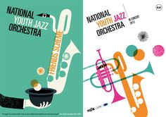 the national youth jazz orchestra poster is shown in two different colors and font styles, with an image of a man holding a trumpet