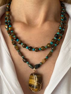 Tiger Eye Necklace Handmade, Double Strand Turquoise Gemstone Beads Necklace Gift, Double Strand Turquoise Necklace With Gemstone Beads As Gift, Handmade Double Strand Turquoise Necklace For Gift, Artisan Turquoise Hand Wrapped Necklaces, Turquoise Hand-wrapped Jewelry For Meditation, Artisan Hand Wrapped Turquoise Necklaces, Artisan Hand-strung Turquoise Necklace Gift, Artisan Hand Wrapped Turquoise Necklace