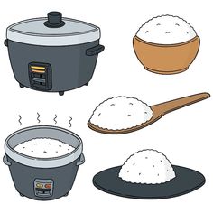 rice cooker and wooden spoons with rice on the plate, epsp file