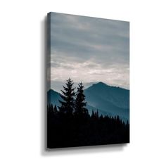 the mountains are covered with clouds and trees in this dark blue landscape canvas wall art print