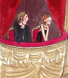 two people sitting in a red and gold chair looking at each other through the curtains