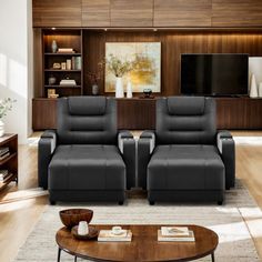 Elevate your home theater with our Luxury Faux Leather Chaise Lounge Recliner Set of 3. This sophisticated trio features adjustable backrests, wireless charging, and single cup holders. Upholstered in premium faux leather, each chaise provides ultimate comfort and style, perfect for movie nights and relaxation. Ebern Designs Upholstery Color: Black | Ebern Designs Modern Electric Power Breathable Faux Leather Reclining Home Theater Seating w / Adjustable Backrests, Wireless Charging | 38.58" H X 41.34" W X 58.27" D | Wayfair Leather Chaise Lounge, Leather Chaise, Home Theater Seating, Theater Seating, Movie Nights, Electric Power, Cup Holders, Elevate Your Home, Home Theater