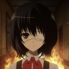 an anime character with black hair and red eyes standing in front of a blazing background