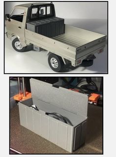 there are two pictures of the same truck with its bed open and side by side