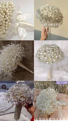 wedding bouquets with pearls and feathers are shown in four different pictures, including the bride's bouquet