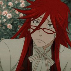 an anime character with red hair and glasses looking at the camera while standing in front of flowers