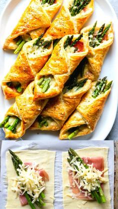 asparagus and prosciutto pastries are arranged on white platters