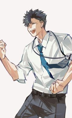 an anime man with black hair wearing a white shirt and blue tie, holding his hands in the air