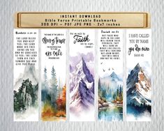 watercolor mountains and trees are featured in this bookmarks design set with the words, instant drawing bible verse printable booksmarks