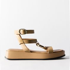 Brand New With Tags Size 38 Chic Footbed Sandals With Heel Strap, Chic Footbed Sandals With Removable Insole, Chic Beige Leather Footbed Sandals, Zara Ankle Strap Sandals With Buckle Closure, Zara Beige Ankle Strap Sandals, Chic Flat Sandals By Zara, Chic Zara Platform Sandals, Chic Beige Zara Sandals, Zara Leather Sandals With Single Toe Strap