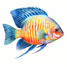 an orange and blue fish on a white background