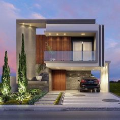 a car is parked in front of a modern house