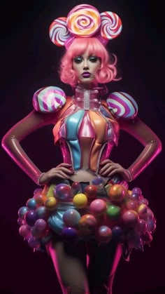 a woman with pink hair is dressed up in candy land costumes and holding lollipops