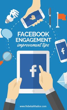 two hands holding an ipad with the words facebook engagement improvement tips on top of it