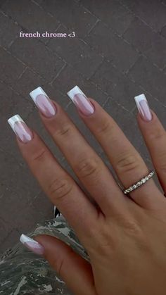 French Tip Nails With Pearl Chrome, Coffin French Tip With Chrome, Vanilla Chrome Heart Tips, French Nails Chrome Square, French Tips Chrome Nails, Chrome White Nails French Tip, French Tip Chrome Acrylic Nails, Good Chrome French Tip, White Crome Nails Square French Tip