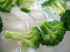 broccoli florets are sitting on ice in a pan with water and liquid