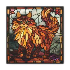 a stained glass window with a cat on it's back and yellow, orange, and red colors