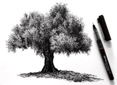 an ink drawing of a tree with lots of leaves on it and two markers next to it