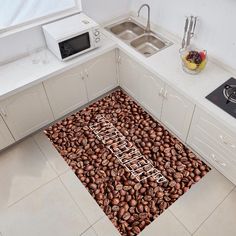 a kitchen area rug with coffee beans on the floor