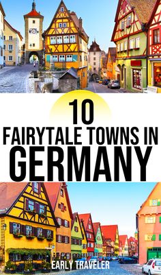 the cover of fairy tale towns in germany, with colorful buildings and cars parked on the street