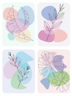 four different shapes with leaves on them in pastel colors and pink, blue, green