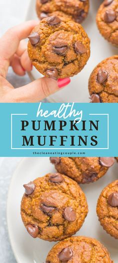 healthy pumpkin muffins on a plate with text overlay that reads healthy pumpkin muffins