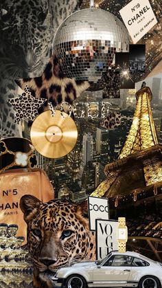 a collage of various items including a car, mirror ball and leopard