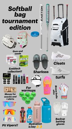 a poster with various items that include baseball equipment