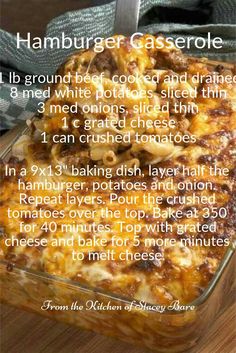 the recipe for hamburger casserole in a glass dish