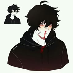 an anime character with black hair wearing a hoodie and blood dripping from his mouth